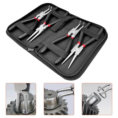 Comzantor 4 Stück sprengringzangen mit tragbarer Tasche, Gerade sicherungsringzange, Gebogen seegeringzange, sicherungsringzangen Außen, Innen zange sprengring, sprengringzange mit Kunststoff Griffen