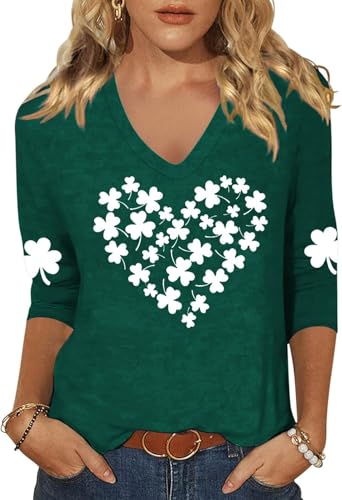 Image of Womens 3 /4 Sleeve V Neck Valentine T Shirts Love Heart Printed Graphic Tee Tops