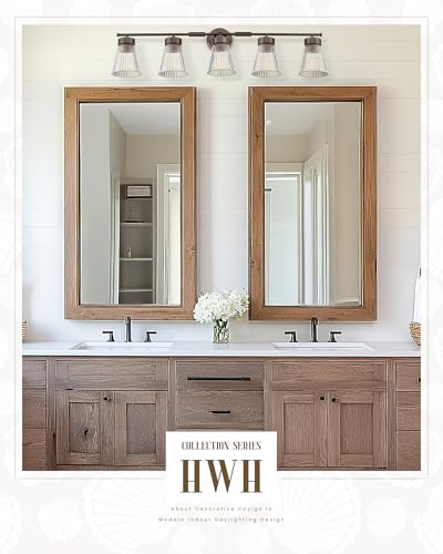 Image of 5-Light Bathroom Vanity Light, HWH Farmhouse Vanity Lights for Bathroom Vanity Lamp Oil Rubbed Bronze, Vanity Sconce with Clear Striped Glass, 5HZG97B-5W ORB