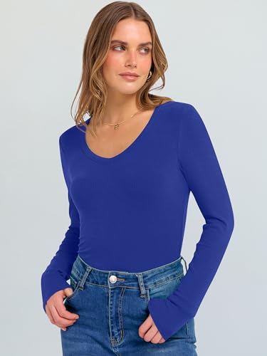 Image of ANRABESS Long Sleeve V Neck Shirts for Women | Soft Comfy Ribbed Knit Fitted Tshirts, Casual Going Out Tops, 2026 Trendy Basic, Fall Winter Underscrub Layering Clothes
