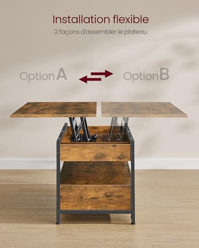 Table basse plateau relevable avec tiroirs et rangement ouvert marron noir VASAGLE - 8