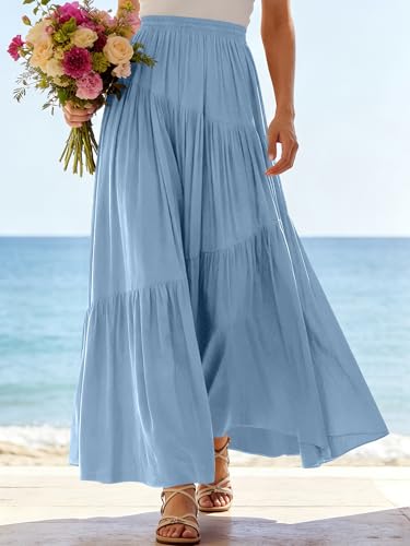 Image of ANRABESS Women's Boho Elastic High Waist Pleated A-Line Flowy Swing Asymmetric Tiered Maxi Long Skirt Dress with Pockets