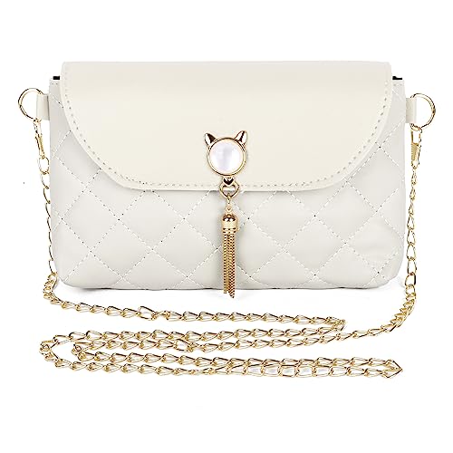 Image of Lollanda Women Crossbody Shoulder Bag, Handbags with Cute Cat Shape Tassels, PU Leather Chain Messenger Cross Body Bags, Rhombic Square Purse for Girls Ladies (White)