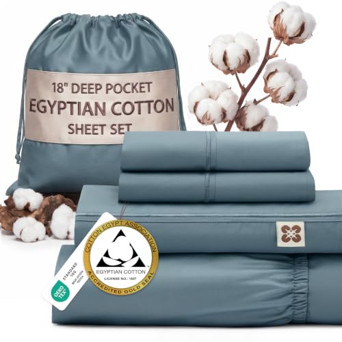Image of Bedsure PureWoven 100% Giza Egyptian Cotton Queen Sheet, CEA & BV Certified | 18 inch Deep Pocket Sateen Sheet with Corner Straps, Durable & All-Season Breathable, Hotel Luxury, Oeko-Tex, Giftable,Dusty Blue