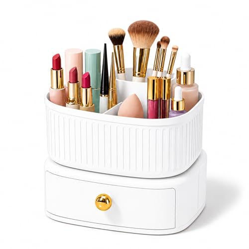 Image of KiZY Luxury 360 Rotating Makeup Brush Holder Organizer | Countertop Organizer Skincare Storage for Vanity, Desktop, Bathroom, Cosmetics | Lipstic, Eyeliners, Perfume Storage. (360 WHITE)
