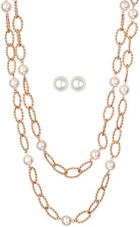 Jones New York Gold Two Twisted Chain White Pearls Necklace and Earrings Set