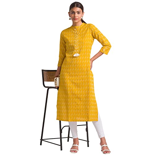 Image of Globus Women Green Woven Design Mandarin Collar Straight Kurta-3638025001
