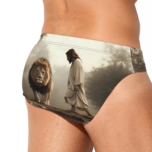 Man and Lion Printed Swim Briefs for Men Sexy Bikini Swimwear Elastic Beach Trunks Bathing Suit4