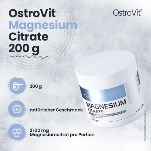 OSTROVIT Magnesium Citrate 1er pack 200g 74 Servings Portionen Magnesiumcitrat Keine Aromen und Farbstoffe Muskelkrämpfe Mudigkeit Nervensystem Gut Verfügbar