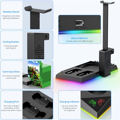 6in1 Vertical Cooling Stand with LED Light for Xbox Series X, for Xbox Series x Accessories with 2x1400mAh Batteries, Dual Controller Charging Dock Station & Headset Stand & 10 Game Slots