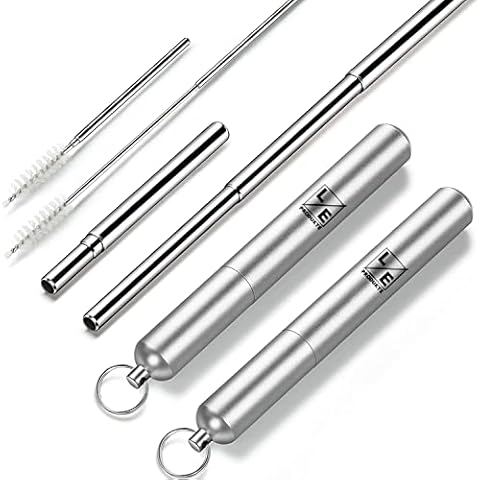 LE Produkte Teleskop Strohhalme Edelstahl 2-Set grau wiederverwendbar zusammenklappbar mit Reinigungsbürste und Aluminium-Hülle Metall Cover