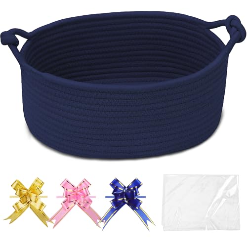 COMSE Gift Basket Empty Small Woven Basket with Gift Bags and Ribbons Nursery Bin to Fill with Small Items Baby Pet Toy Organizer Box 12 x 8 x 5 Solid Navy Blue