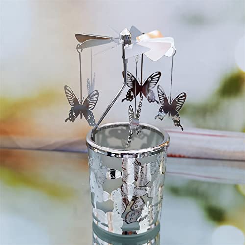 Kingnero Carousel Candle Rotary Candle Holder Spinning Candleholder Metal Tea Light Candlestick For Home Decor (Silver Butterfly) #TOP4