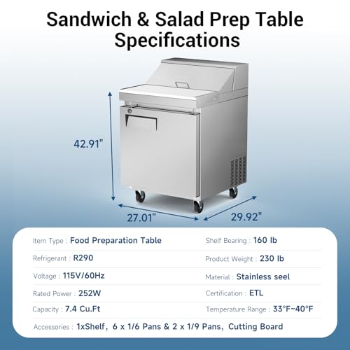 Image of 27 inch W 7.4 Cu. Ft Commercial Salad Prep Refrigerator, Single Door Stainless Steel Sandwich Prep Table with Cutting Board & 8 Pans, Fan-Cooled Buffet Station for Restaurants, Small Kitchens, Bars