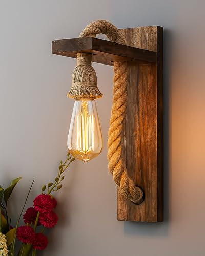 Image of Homesake Wooden Rope Wall Lamps, Home Decor Items E27 Holder Lantern Light Vintage Wall Hanging Antique Decorative Fancy Light for Wall Home, Living Room, Bedroom, Wall Decor | Pack of 1
