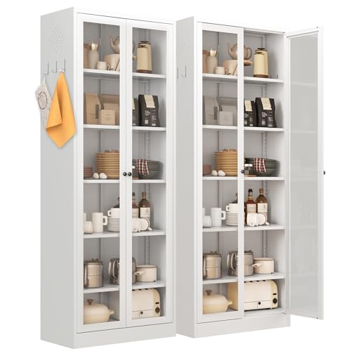 IKIMI 183x70x35cm Aktenschrank Metall mit 2 Glastüren und 5 verstellbaren Einlegeböden,Weiß Glasvitrine,6 Ebenen Mehrzweckschrank,Werkzeugschrank, Stahlschrank für Büro,Garage Wohnzimmer Schlafzimmer