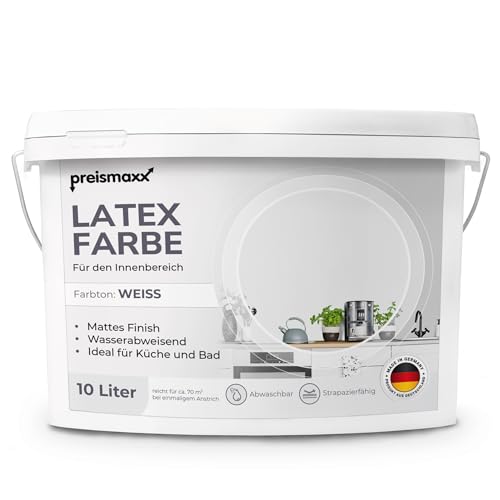 Preismaxx Mattlatex Wandfarbe, Latexfarbe, weiß, matt, 10 Liter, Deckkraftklasse 2, Nassabriebklasse 2