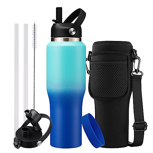 Image of 32 OZ Stainless-steel Insulated Water Bottles - Cold 48H & Hot 24H, Leak-Proof Metal Water Flask with Sleeve, Protective Boot, BPA Free Vacuum Insulated 32 Oz Water Bottle Fits In Cup Holder