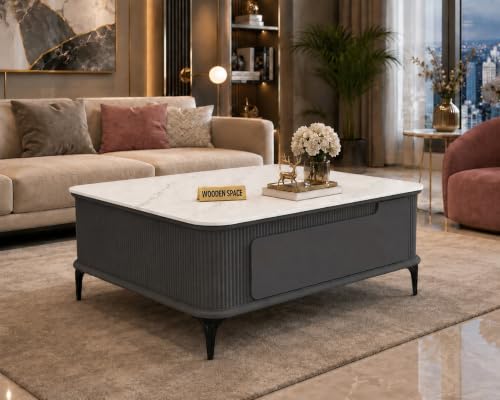 Image of WOODEN SPACE Premium Solo Marble-Top Wooden Center Table for Living Room | Iron Legs | PVD Coating | Modern Entryway Furniture | Coffee Table (Dark Grey, 42x42x18 Inch)