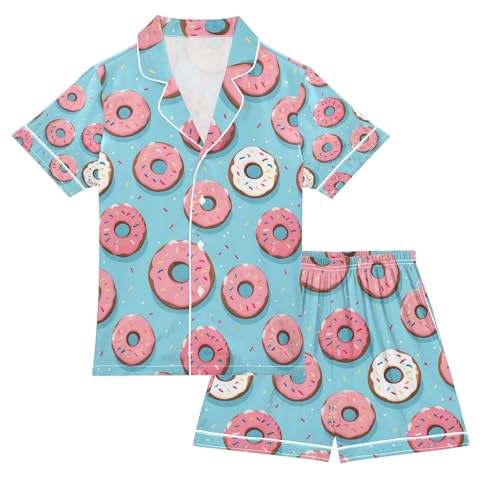 Pink Doughnut Satin Summer Pajama Sets Silk Short Sleeve Button Down Sleepwear