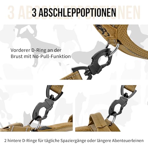 OneTigris Hundegeschirr, Diesel Einstellbar Taktisches Geschirr Weich Gepolstert Brustgeschirr für mittelgroße und große Hunde mit Reflektierend, 1 Griff, 3 D-Ringe (Braun, M)