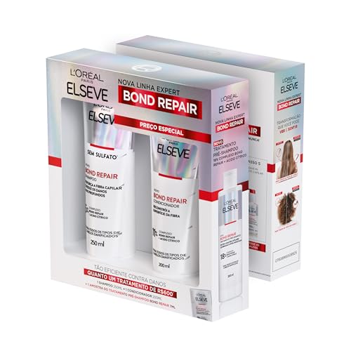 L'Oréal Paris Elseve Bond Repair Kit Reparação Molecular com Ácido Cítrico para Cabelos Danificados, Reconstrói Ligações e Devolve Força (Shampoo + Condicionador + Sachê Pré-Shampoo)