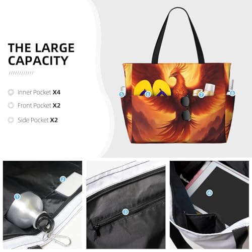 beautiful phoenix Large capacity beach bag with zipper, perfect for grocery bag pool gym travel shopping foldable beach travel bag,3