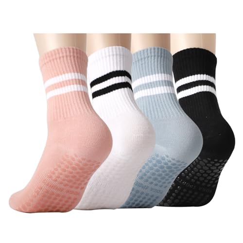 IHFAIO 4 Pairs Grippy Socks Woman, Non Slip Pilates Yoga Socks with Double Stripes Non Slip Socks for Workout, Ballet, Athletic Socks