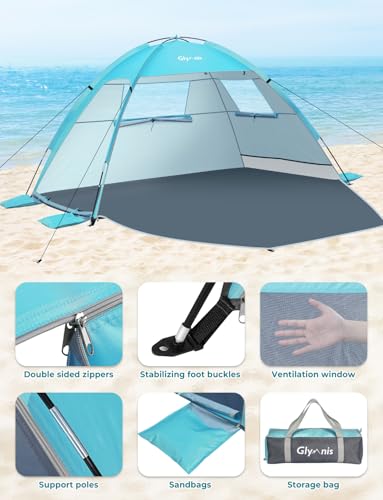 Image of Glymnis Beach Tent Sun Shelter for 3 Person with UPF 50+ UV Protection, Lightweight & Easy Setup Beach Shade Canopy with Vent Windows & Zippered Door - Blue