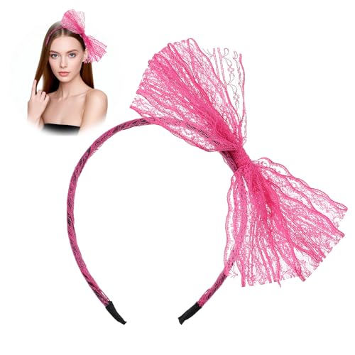 Piriuuo Neon Headband with Bow, Pink Lace Headband Elastic 80s Headband with Lace Retro Pink Bow Headband 80s Hair Accessories for 80s Clothing Theme Party