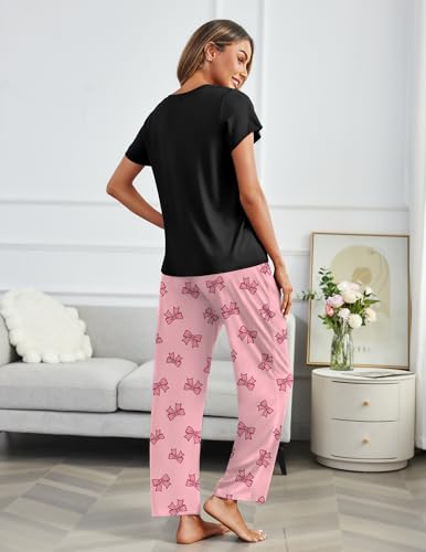 Image of Ekouaer 2 Pack Pajamas for Women Set Short Sleeve Sleepwear Top and Pants Pjs Soft Printed Lounge Sets with Pockets