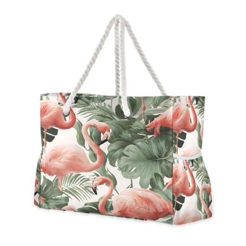 susiyo Pink Flamingos Green Leave Beach Bags for Women Large Travel Tote Bag Waterproof Sandproof Lightweight Swim Pool Bag for Family Outdoor