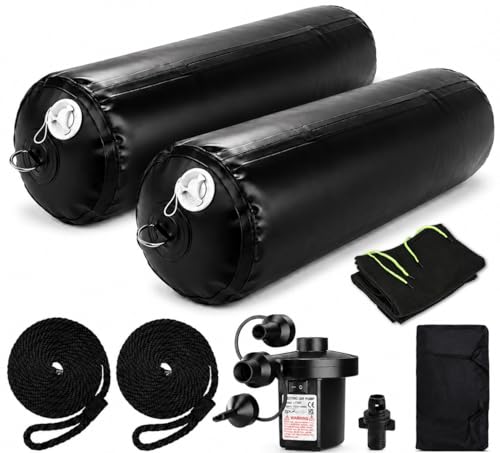FUCNEN Heavy Duty Inflatable Boat Fender for Docking 10x27.5 Boat Bumpers with Electric Pump Fender Ropes & Covers Dock Fenders with Storage Bag PVC Marine Dock Bumpers for Boats (2 Pack)