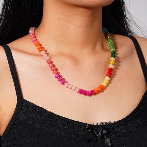 Colorful Beaded Gemstone Necklace for Women, Boho Rainbow Bead Choker with Natural Stone Crystal Beads, Handmade Summer Beach Necklace Jewelry2