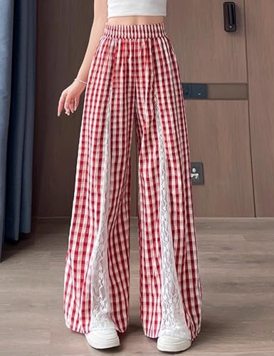Womens Plaid Wide Leg Pants Lace Patchwork Gingham Pants High Waist Palazzo Lounge Trousers with Pockets2