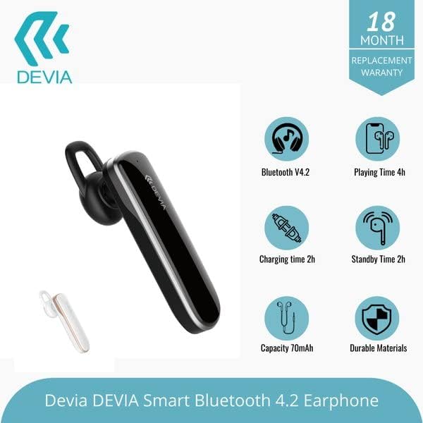 DEVIA Smart Bluetooth 4.2 Earphone with icons indicating features like Bluetooth V4.2, 4h playing time, 2h charging time, 70mAh capacity, and durable materials.