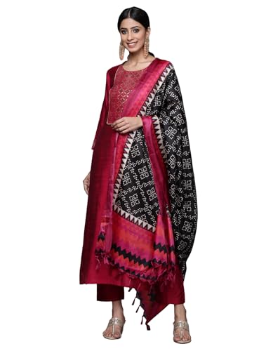Image of Varanga Women Solid Silk Blend Kurta Trouser Set | Woven Yoke Design | 3 /4 Sleeve | Elastic Waist | Casual Wear