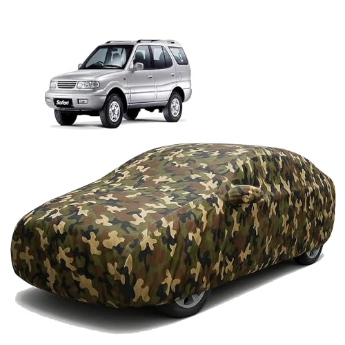 Image of Sulfar 100% Waterproof Car Body Cover Compatible with Mirror for Tata Safari Dicor with Long Lasting Durable Material (Triple Stitched, Full Bottom Elastic, Camouflage Army)