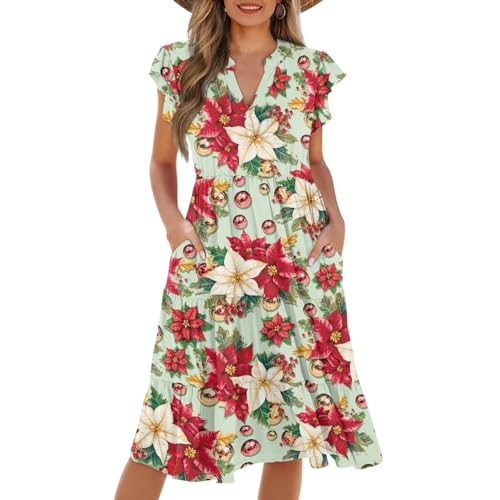 Image of Women's Casual Ruffle Sleeve Dress V Neck Pullover Dress Flowy A-Line Pleated Lightweight Dress with Pockets