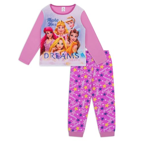 Disney Princess Girls Pyjamas Ariel Rapunzel Belle & Aurora Pink Pjs Cuffed Cotton Bottoms - Soft Nightwear Ages 2-8 Years (UK Age 4 Years 5 Years Regular)