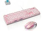 Basaltech Teclado mecánico y ratón para videojuegos estilo Steampunk estilo retro con retroiluminación LED 104 teclas antighosting azul interruptor con cable USB panel de metal redondo color rosa