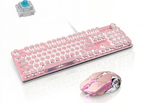 Teclado mecánico y ratón rosa con interruptor azul y luces LED para ordenador gaming retro