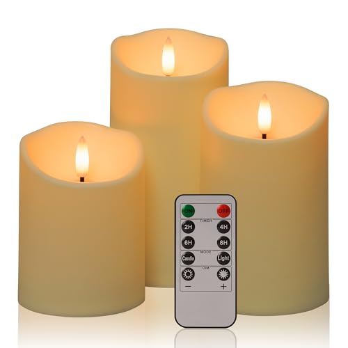 Image of Flickering Flameless Candles with Remote,Battery Operated Candles with Timer,LED,3 Pillar Fake Candles,D3 inchx H4 inch5 inch6 inch