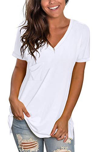 WFTBDREAM Womens Fall White Short Sleeve V Neck Loose Fit T-Shirt Spring Fashion 2020 Top XL