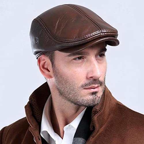Icehao Men's Adjustable Newsboy Hat Beret Hat Driving Hunting Fishing Hat Genuine Leather Ivy Cap Fashion Beret Hat Flat Cap. (Black) #TOP6