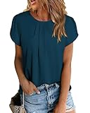 PRETTYGARDEN Women's Tops 2026 Casual Summer Round Neck Short Sleeve Basic Pleated Loose Fit Blouses Plain Tunic Shirts(Dark Blue,Large)