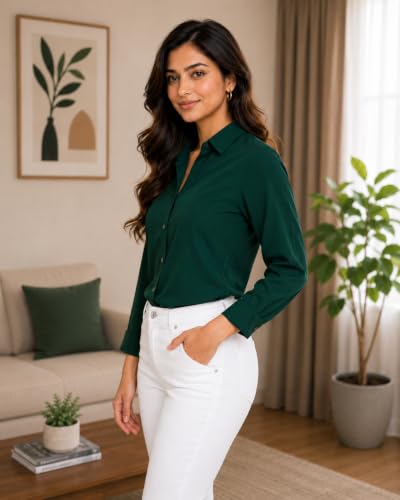 Image of FUNDAY FASHION Women Solid Regular Fit V Collered Casual Shirt