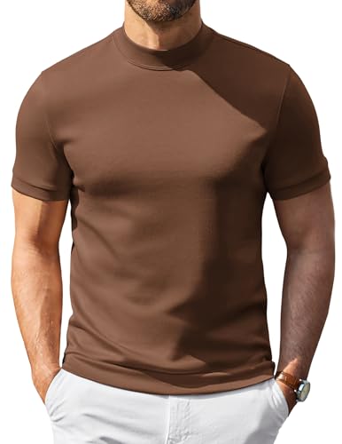 COOFANDY Mens Mock Turtleneck Sweater Short Sleeve 2026 Stylish Slim Fit Fashion Basic Underwear Brown