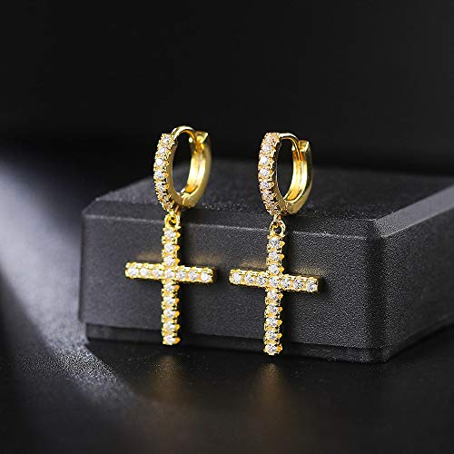 14K Gold Plated Cross Earring Hoop Earrings Classical Cross Earrings For Men Women Pave Cz Cross Earrings For Women Men Gifts (14K Yellow Gold) #TOP3