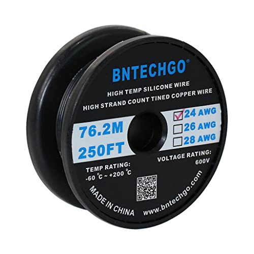BNTECHGO 24 Gauge Silicone wire spool 250 ft Black Flexible 24 AWG Stranded Tinned Copper Wire